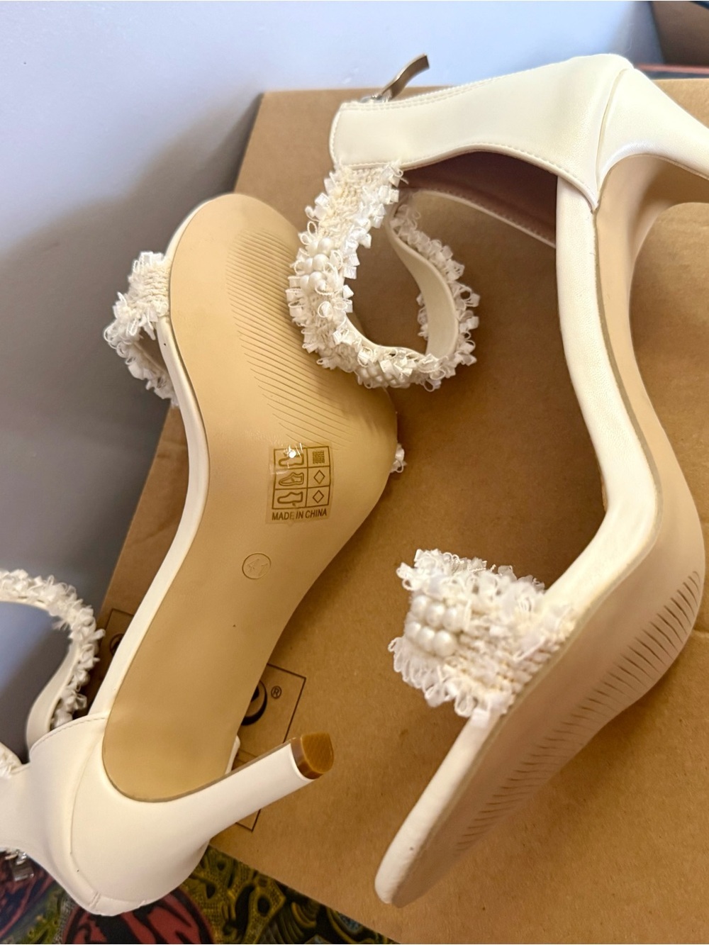 Pearl-Embellished Tweed Ivory Ankle-Strap Stiletto Sandals - Picture 4 of 5